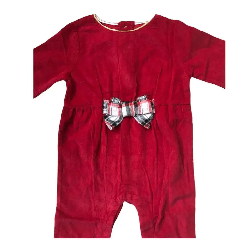 NEW Mudpie Red Corduroy Holiday Christmas Romper Plaid Bow Baby 6 9 Months